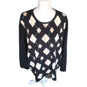 Hampshire Studio Sweater Womens 3X Plus Black Cream Argyle‎ Pullover Preppy Y2K